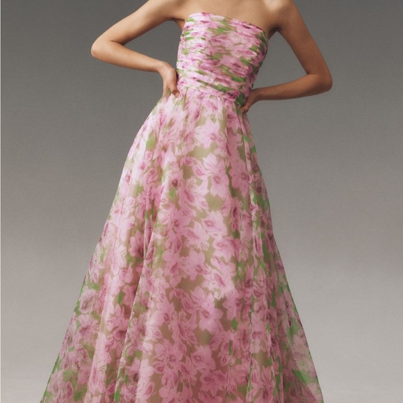 Mac Duggal NEW with Tags attached size 8 chiffon Pink Floral Strapless gown $598 - Picture 2 of 16